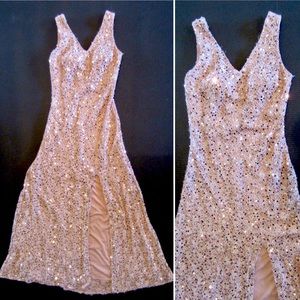 Women’s Pink Gold Sequin Lace Formal Slit Gown